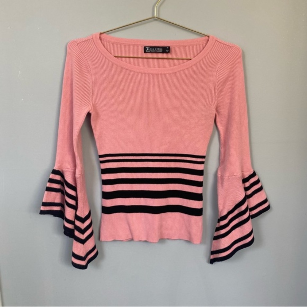 Vintage 7th Avenue designstudio pink ribbed bellsleeve sweater boat neck striped